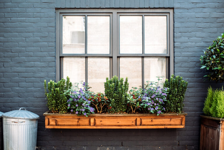 Window and window box in grey house